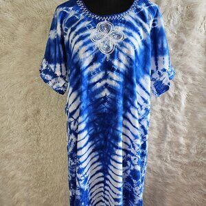 Blue Thai Dye Boho Women's Beach Caftan Dress Cover Up for Swimwear One size